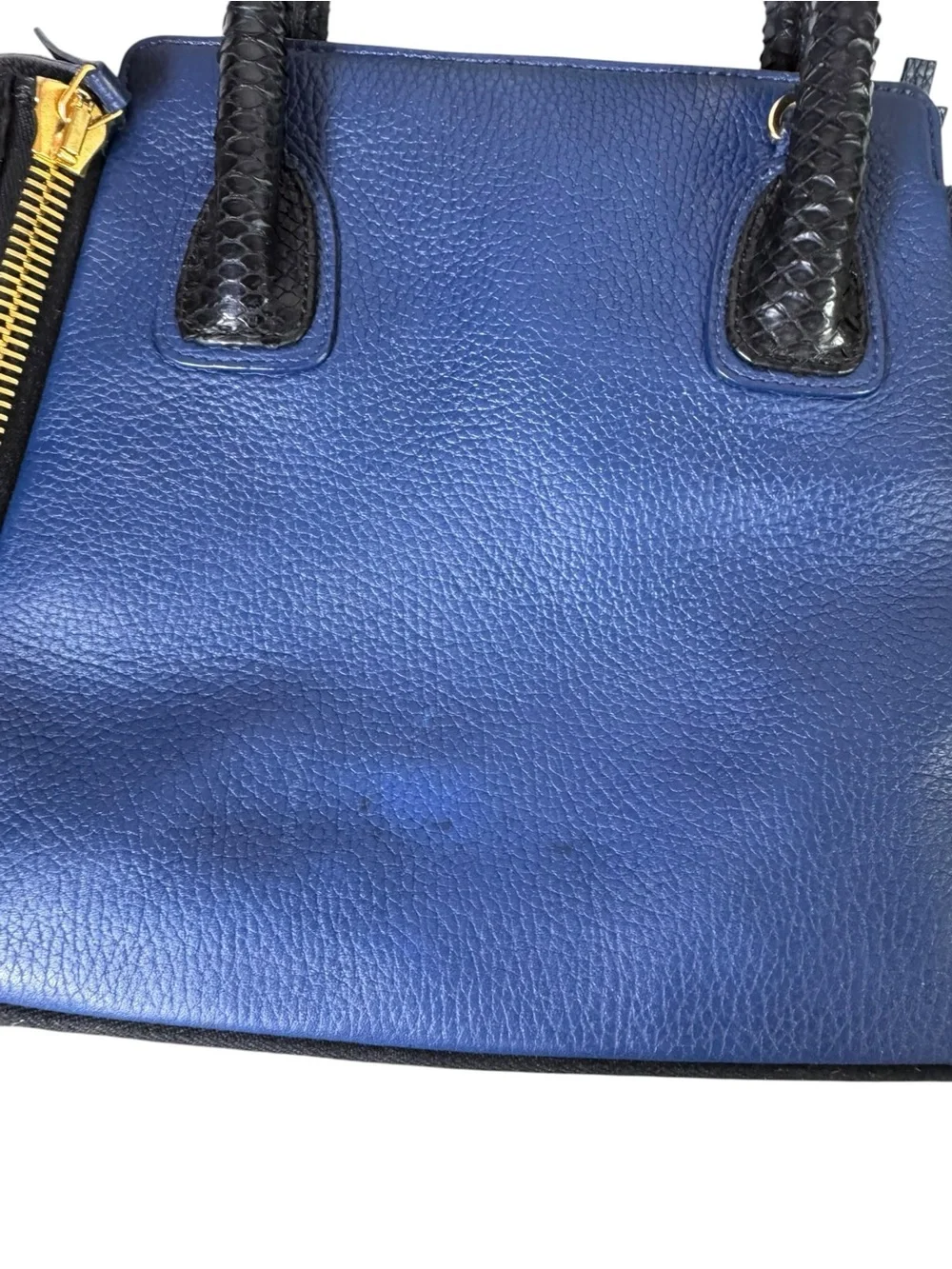 Paige Gamble Blakeley Blue Leather Black Python Exotic Zipper Satchel Tote Bag